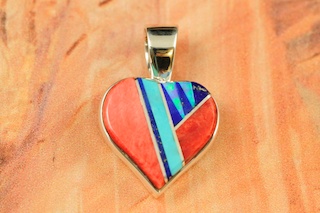 Genuine Turquoise, Spiny Oyster Shell and Blue Lapis inlaid between ribbons of Sterling Silver. Free 18